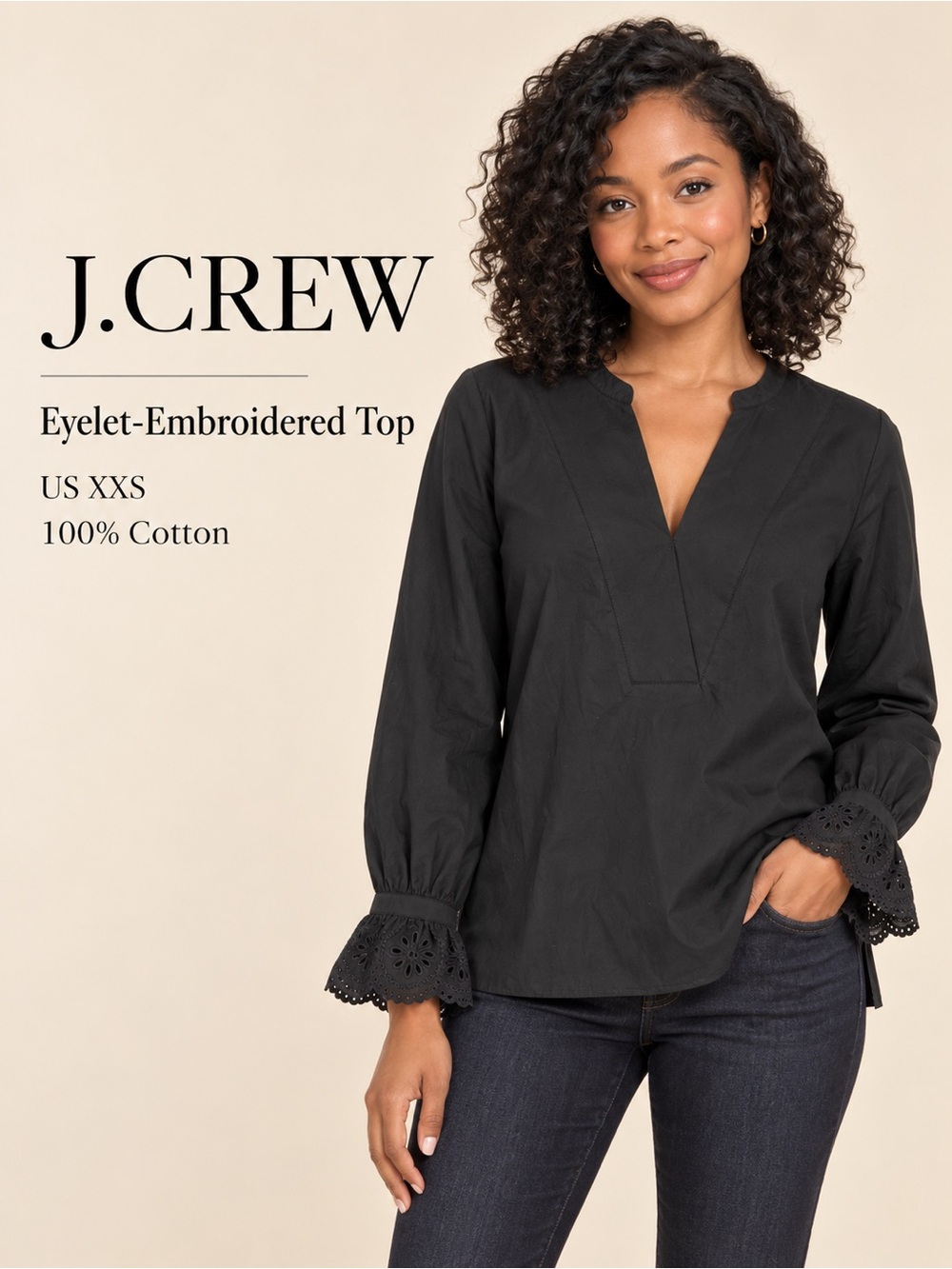 J.Crew Eyelet-Embroidered Black Cotton Blouse Top XXS